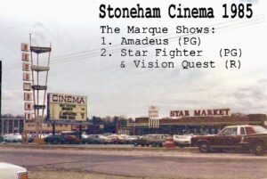 Image of Redstone shopping center in Stoneham Mass showing Stoneham Cinema and Star Market in 1985