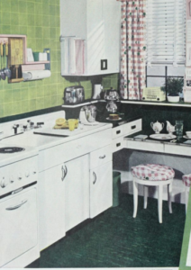 Photo of a mid-century kitchen with white enamel appliances