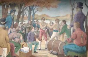 Mural depicting a bare-knuckle boxing match in the late 1800s