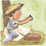 Watercolor illustration of a colonial-era child playing with a bottle