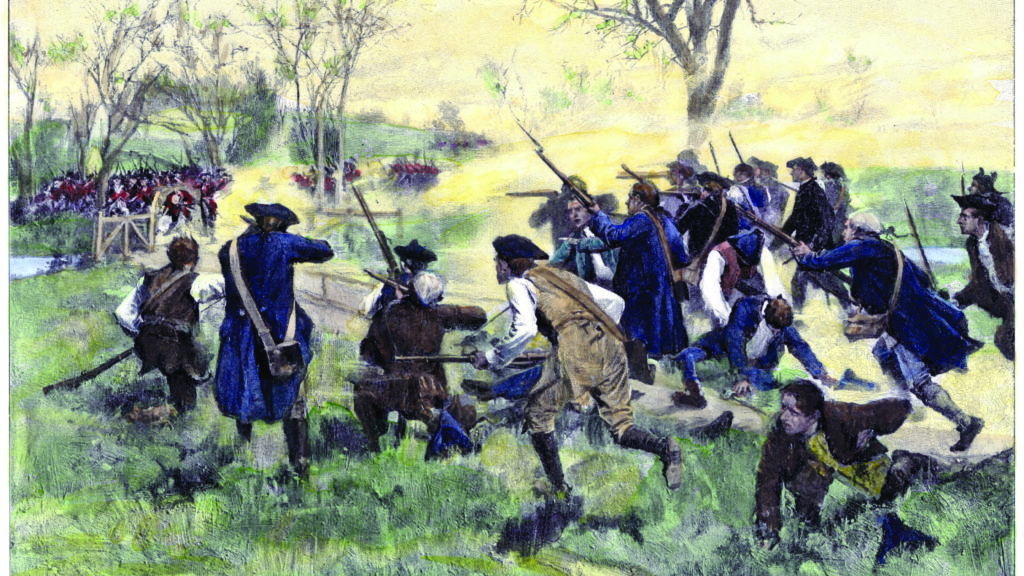 battle of lexington, minutemen fire on British regulars from behind a stone wall