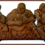 Terracotta relief of 3 men working making shoes by hand