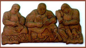 Terracotta relief of 3 men working making shoes by hand