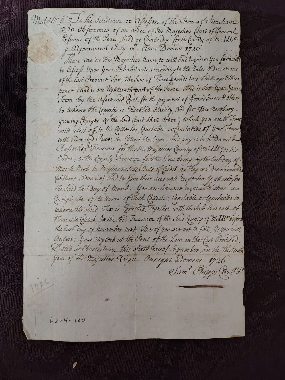 Handwritten 1726 Tax Bill for Stoneham Mass from Middlesex County