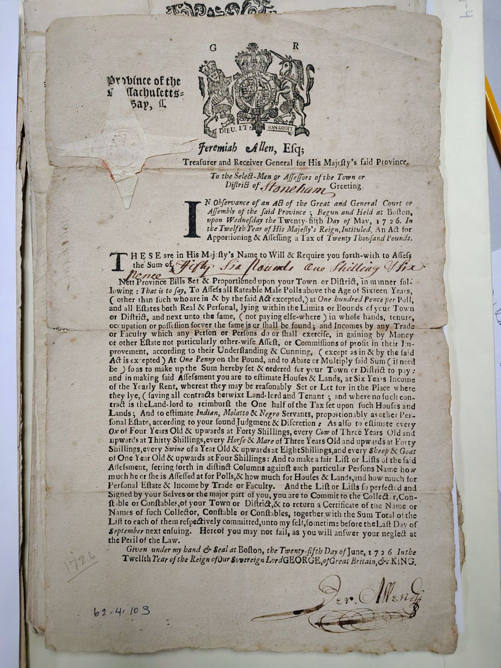 1726 Province Tax Bill for Town of Stoneham Massachusetts
