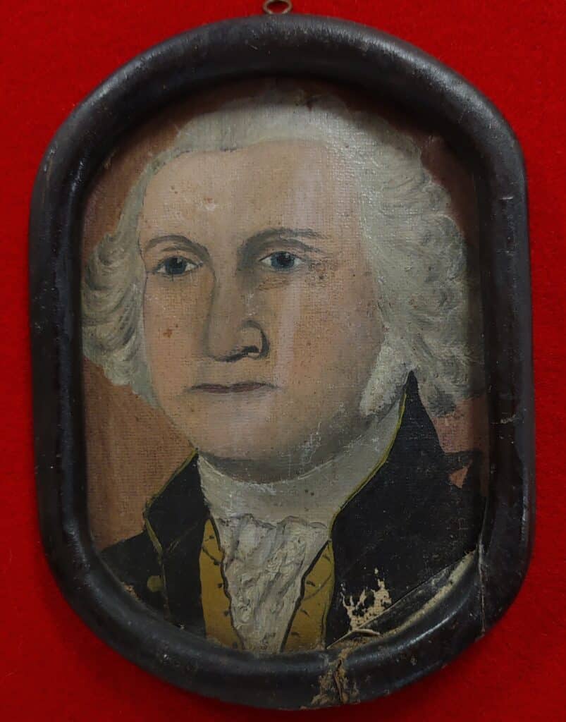 Small close-up portrait of George Washington, painted in oils.