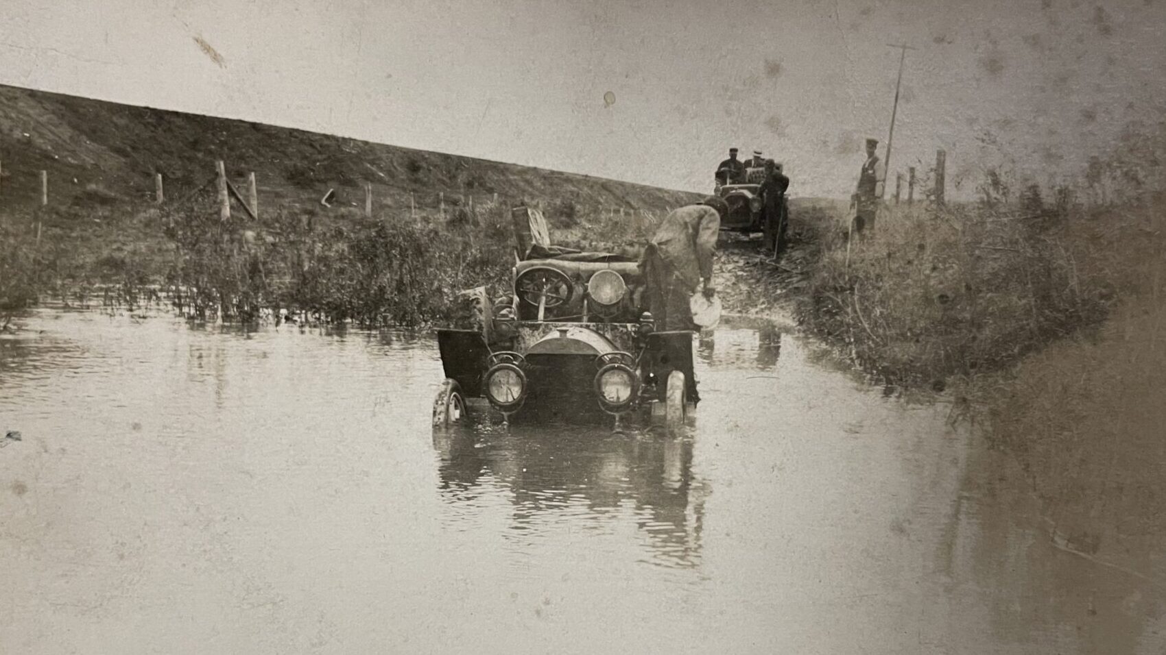 Shawmut car crossing a swollen brook in Kansas in 1909
