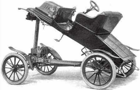 Antique car with entire chassis propped up.